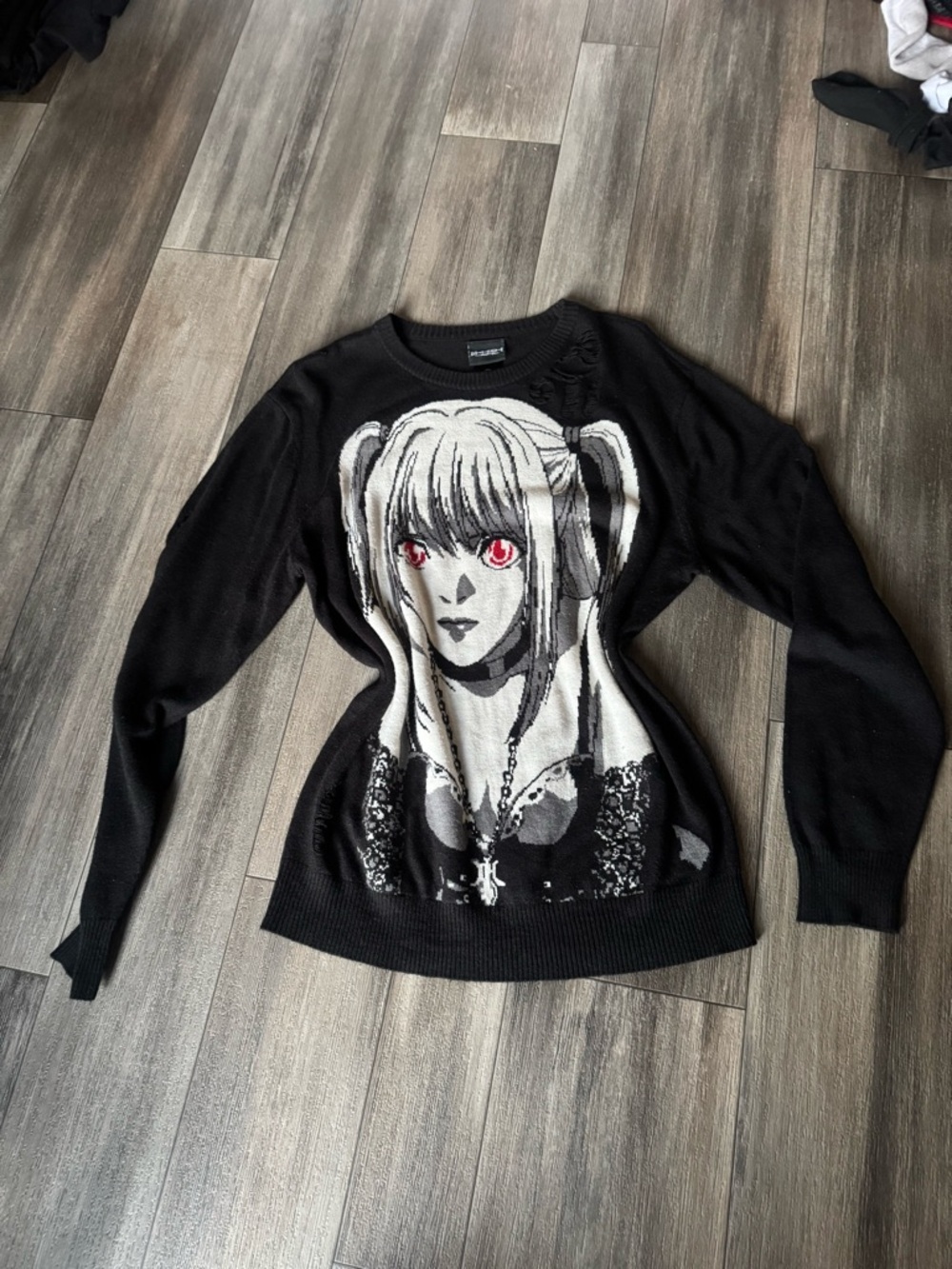 Death Note Black Misa Amane Graphic Distressed Pullover Sweater Crew Neck S